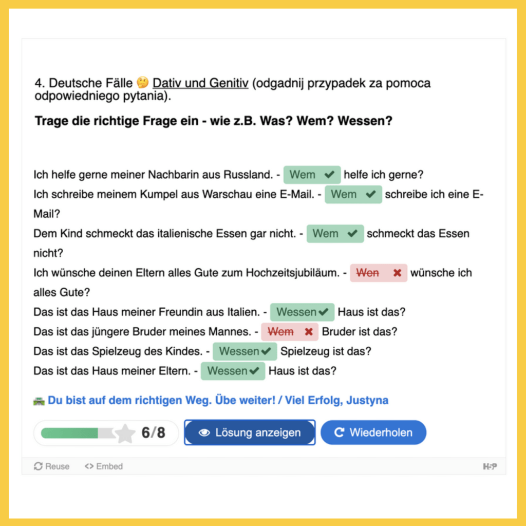 Ćwiczenie interaktywne z platformy szkoły języka niemieckiego Los geht's!