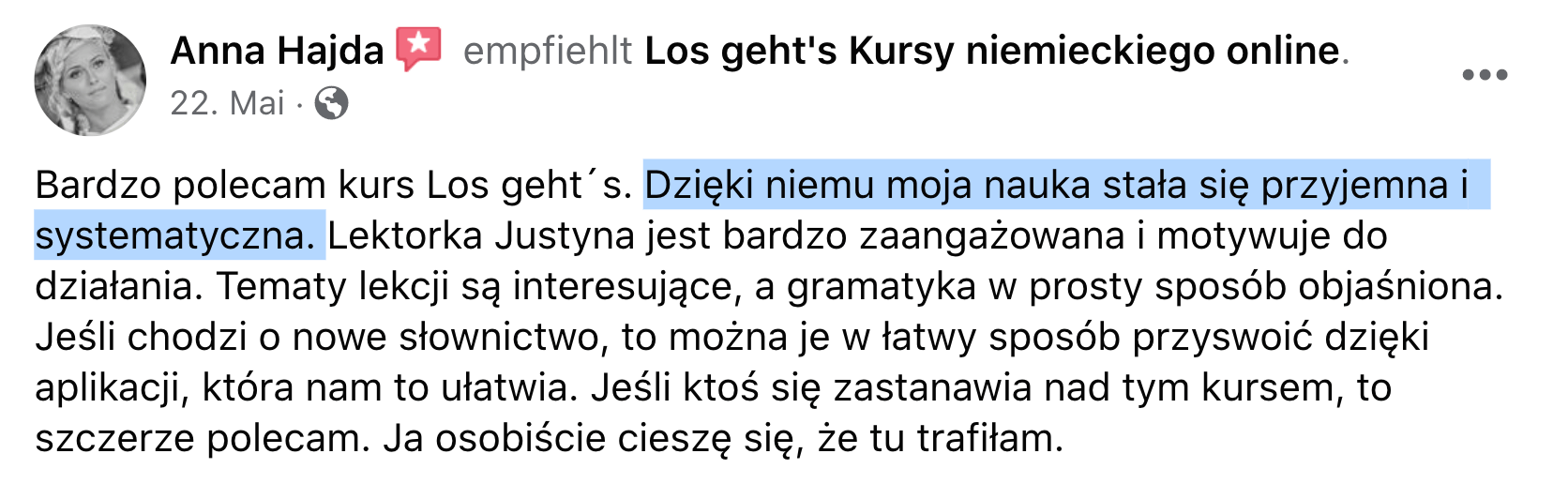 Opinia kursantki