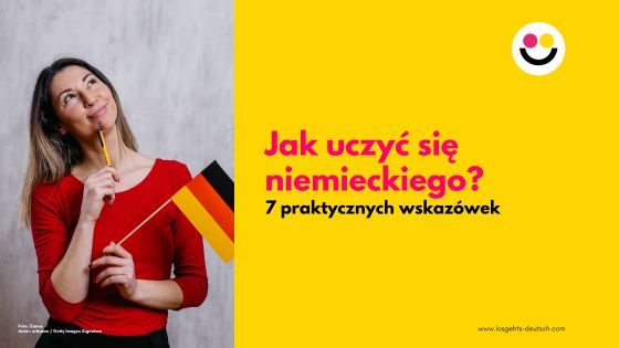 Kobieta z niemiecką flagą zastanawiająca się, jak uczyć się niemieckiego