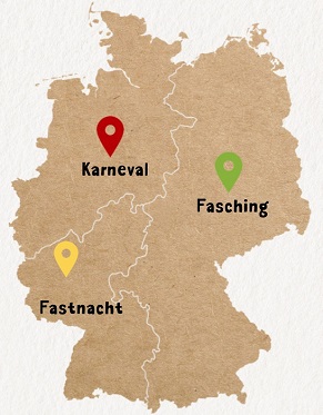 Mapa z określeniami, jak mówi się na karnawał w Niemczech