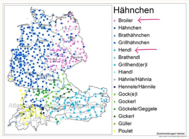 Mapa Niemiec z określeniami, jak jest pieczony kurczak po niemiecku